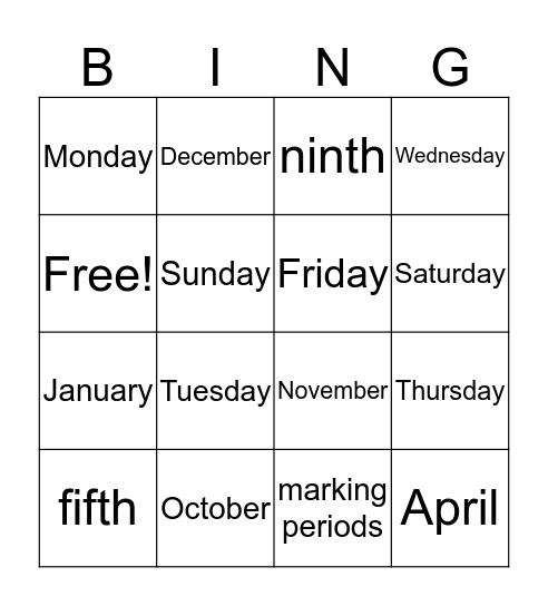 Period 4B Calendar Vocabulary Bingo Card