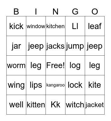 Beginning Sounds Ll, Kk, Jj, Ww Bingo Card