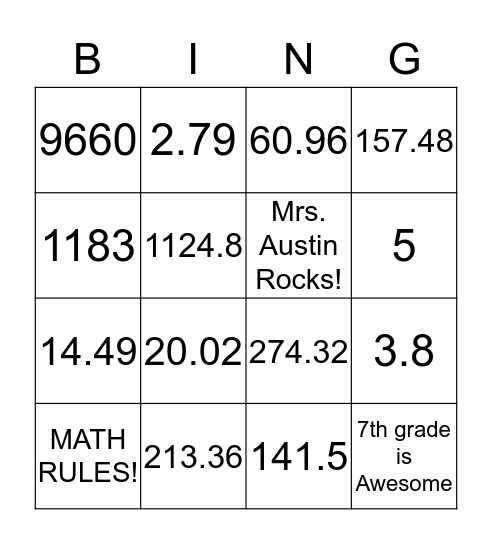 Customary System to Metric System Bingo Card