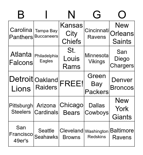 NFL Bingo Card