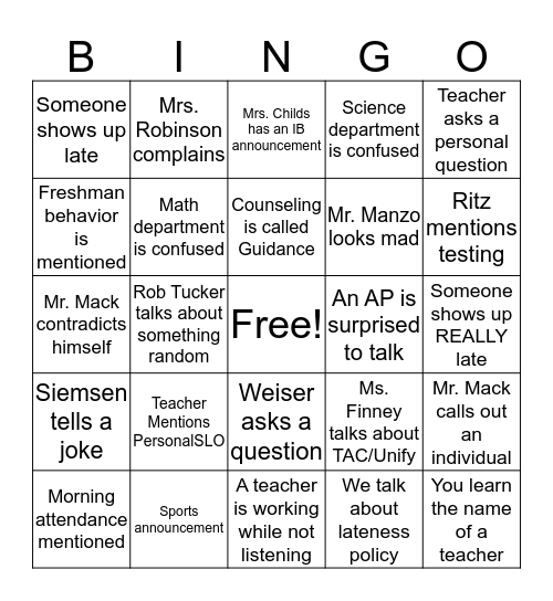 Faculty Meeting Bingo Card