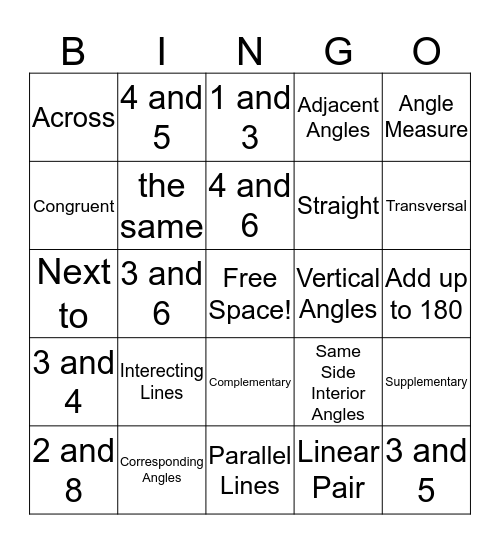 Parallel Lines with Transversals Bingo Card