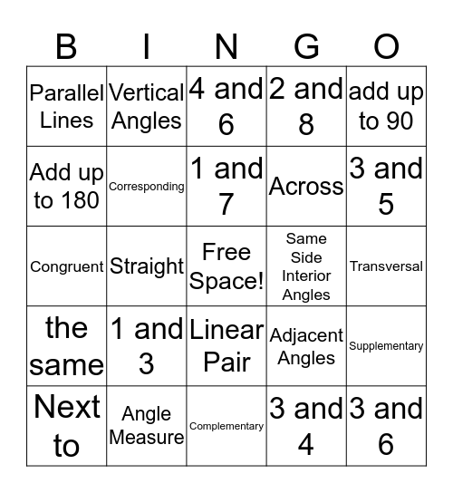 Parallel Lines with Transversals Bingo Card
