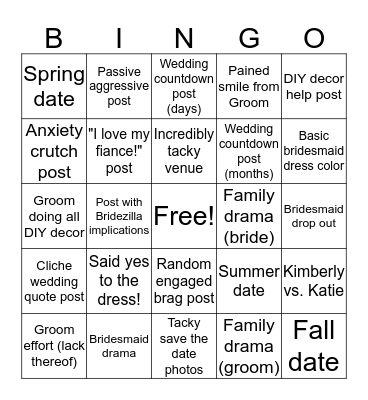 Kimberly's Wedding Planning Bingo Card