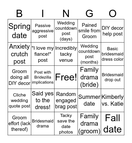 Kimberly's Wedding Planning Bingo Card