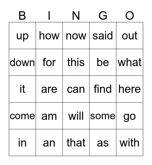 November Sight Words Bingo Card