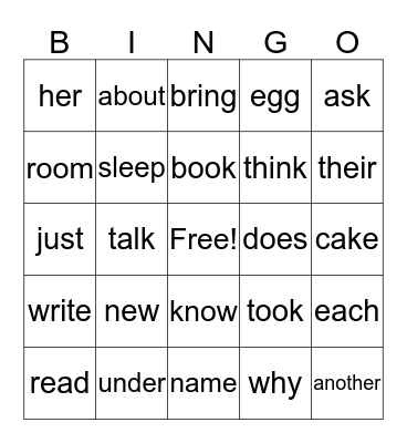 Vocabulary Bingo Card