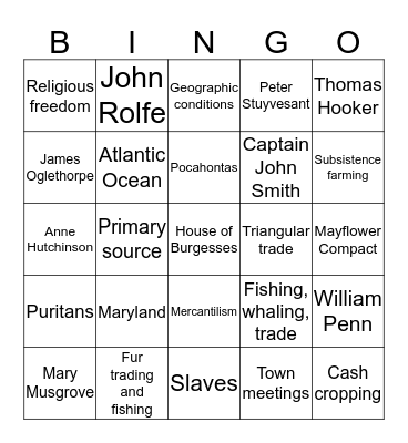 13 Colonies Bingo Card