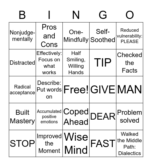 DBT Skills Bingo! Bingo Card