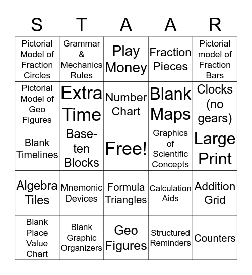 STAAR Accomodations Bingo Card