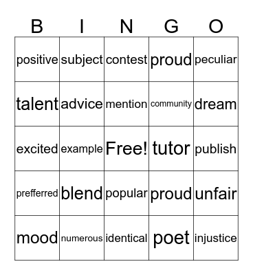 4th Grade Vocabulary Bingo Card