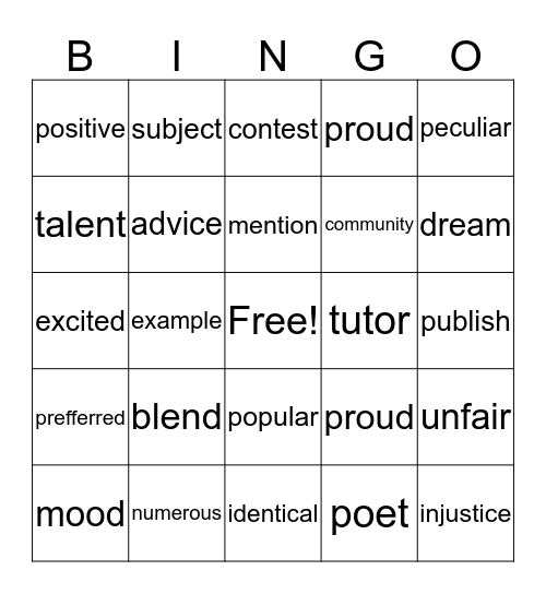 4th Grade Vocabulary Bingo Card