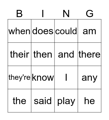 SIGHT WORDS BINGO Card