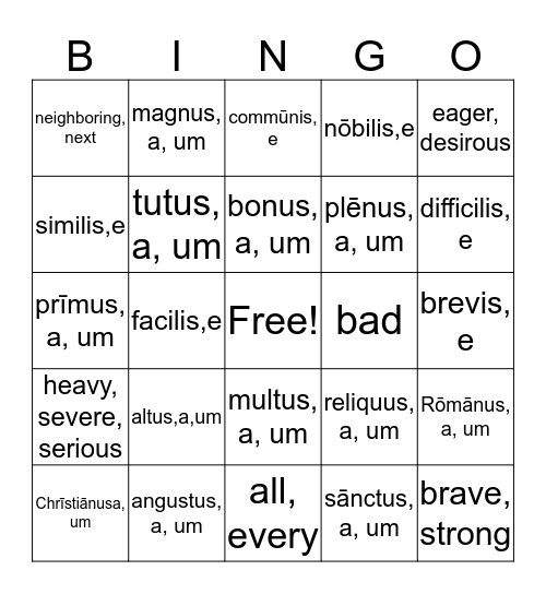 Latin Adjective Review Bingo Card