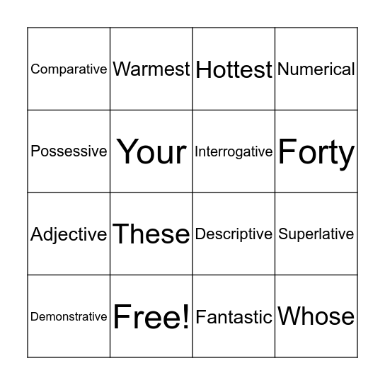 Adjectives Bingo Card