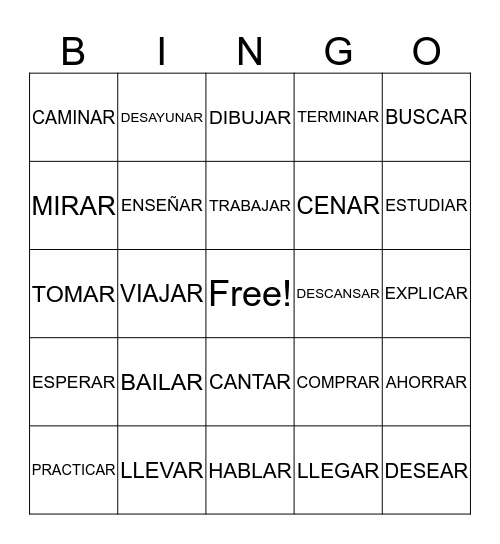 -AR VERBS Bingo Card