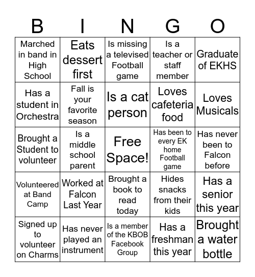 Falcon Invitational Volunteer Bingo Card