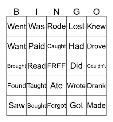Past simple - irregular verbs Bingo Card