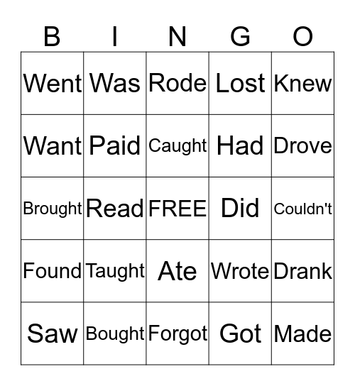 Past simple - irregular verbs Bingo Card