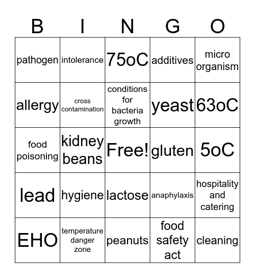 Food Related Causes of Ill Health Bingo Card