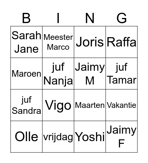 juf Nanja Bingo Card