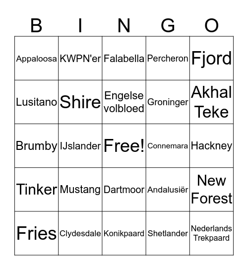 Bingo Paardenrassen Bingo Card