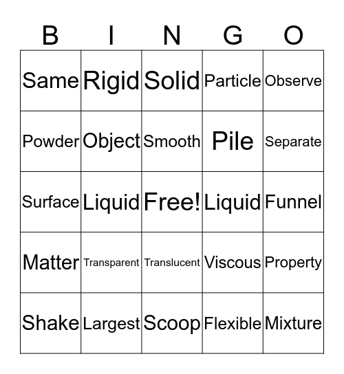 Solids & Liquids Bingo Card