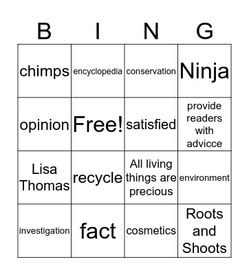 Jane Goodall Bingo Card