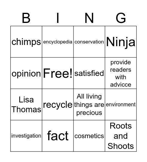 Jane Goodall Bingo Card