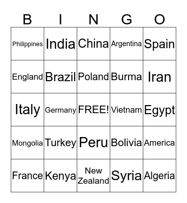 Countries Bingo Card