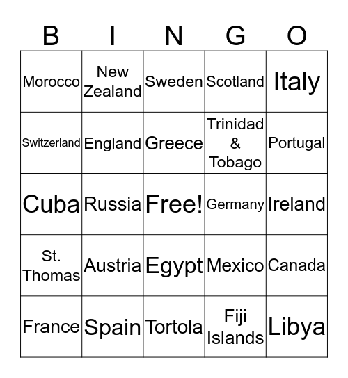 Around the World Bingo Card