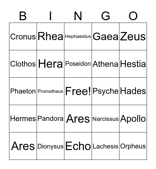 Gods/Goddesses Bingo Card