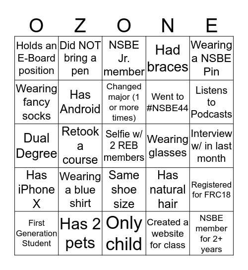 NSBE DOUBLE Bingo O Zone Summit  Bingo Card