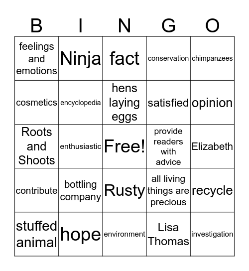 Jane Goodall Bingo Card