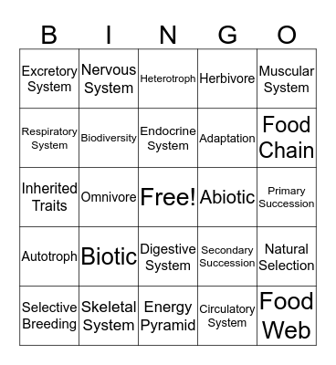 Life Science Bingo Card