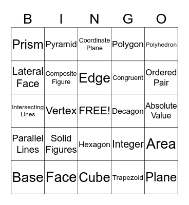 Math Vocabulary Bingo 1 Bingo Card