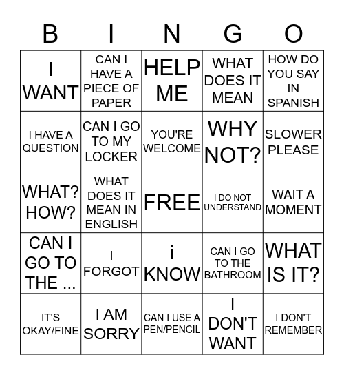 Frases Esenciales La Clase De EspaÑol Bingo Card