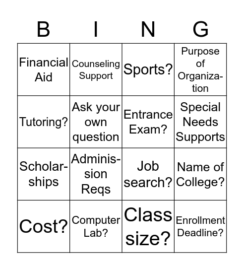 Ramona's College/Career Day Bingo Card