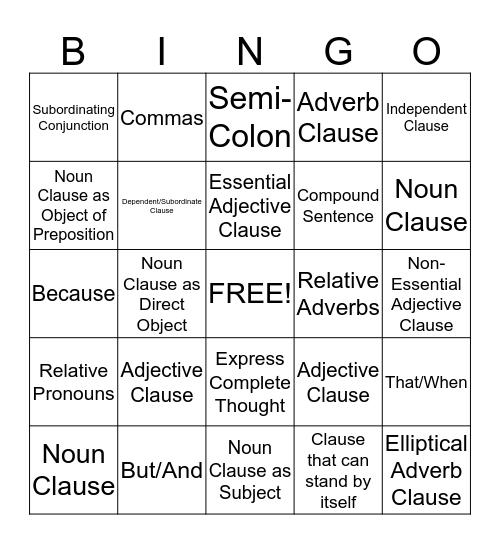 clauses Bingo Card