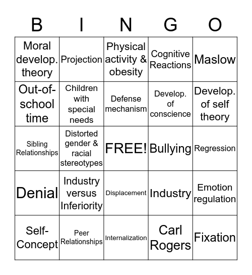 School-Age Social/emotional Development  Bingo Card