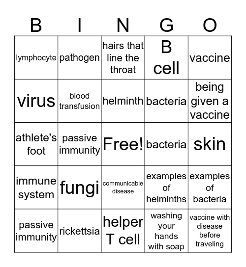 Immune System Bingo Card