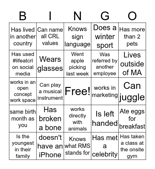 New Talent Bingo Card