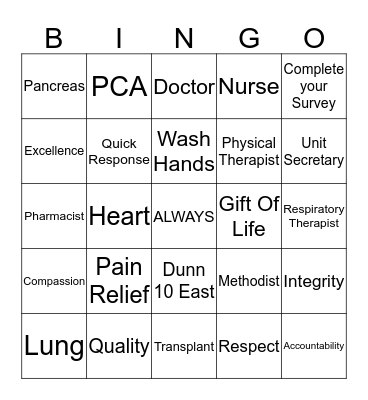 Transplant BINGO Card