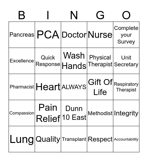 Transplant BINGO Card