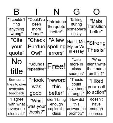 Writing Workshop Bingo Card