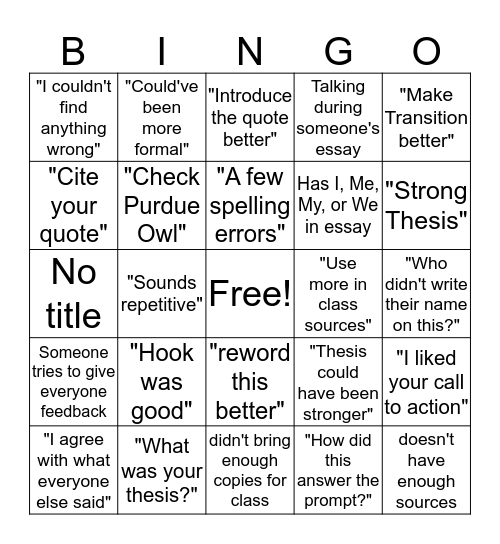 Writing Workshop Bingo Card