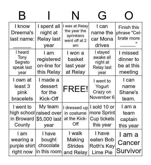 Relay For Life of Cooper City and Davie Bingo Card