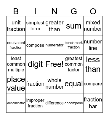 Fraction Vocabulary Bingo Card