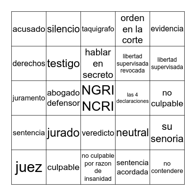 Spanish Competency Bingo Card