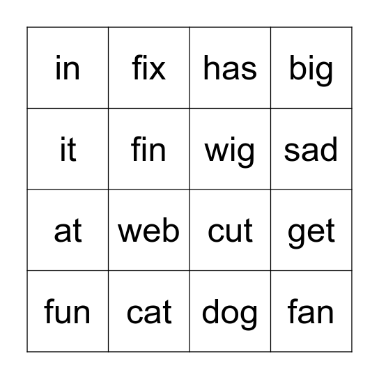 Short Vowel Review Bingo Card